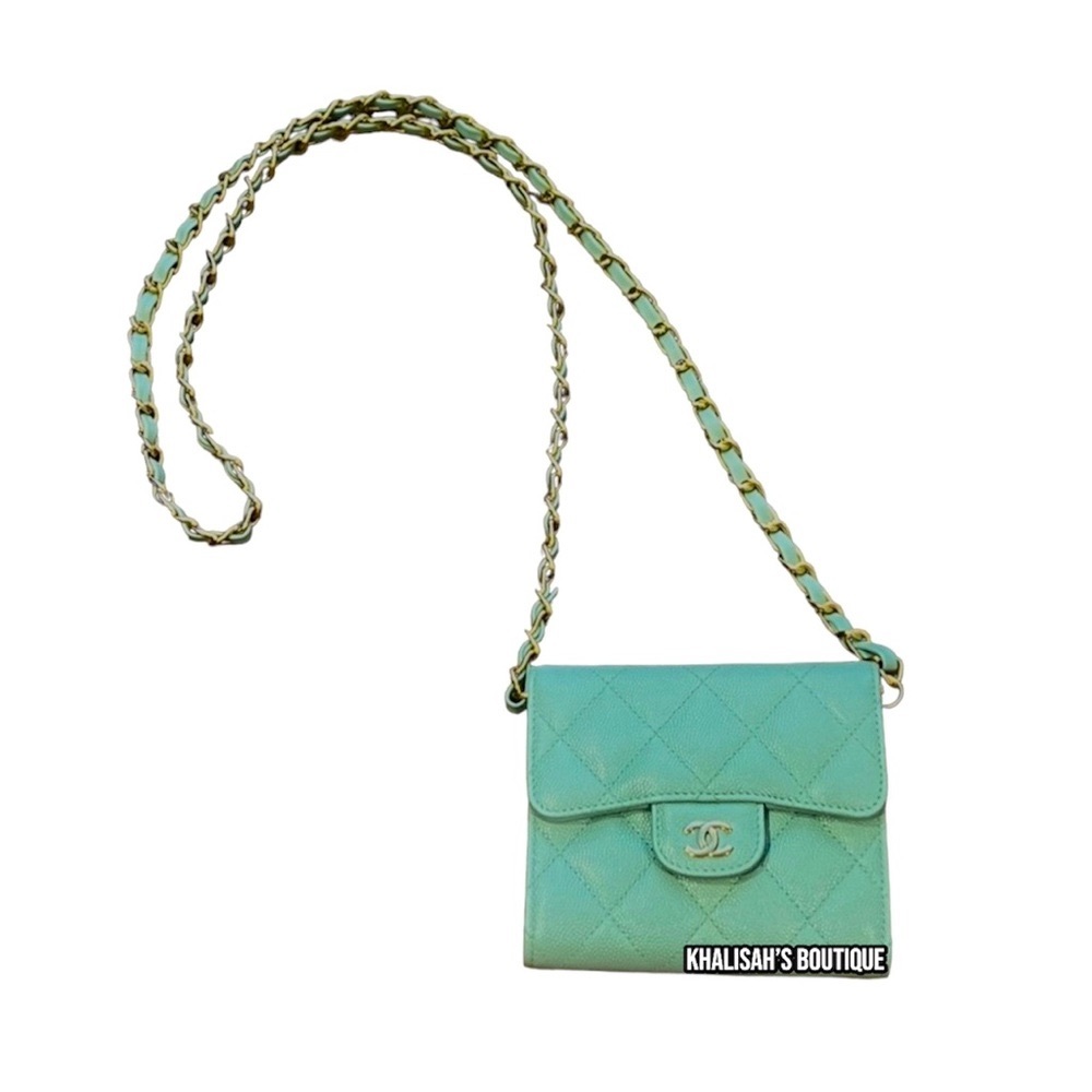 BNIB!! VERY Rare!!! Chanel Wallet LARGE Trifold Tiffany Blue Caviar Belt Waist - Picture 3 of 15